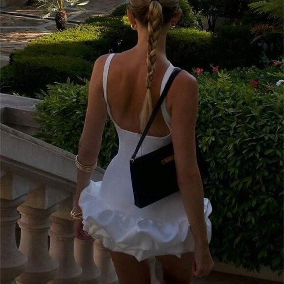 White Sexy Women's Round Neck Sleeveless Bubble Hem Mini Dress - Picture 3 of 4